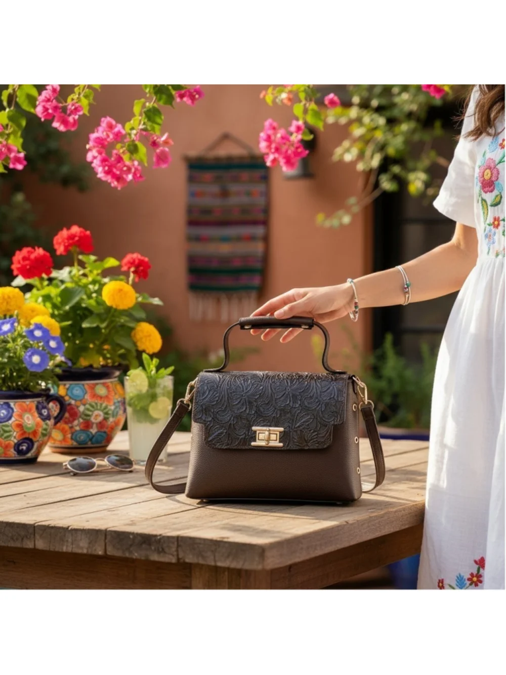 Chocolate Brown Floral Studded Embossed Artisan LEATHER Purse Handbag Crossbody